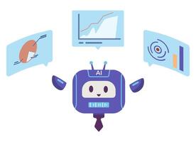 AI robot business analytic character with charts and graphs flat illustration isolated on white. vector