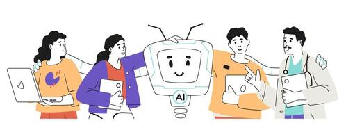 Group of different professionals interacting with artificial intelligence concept. Men and women hugging with AI robot character linear illustration isolated on white. vector