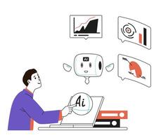 Businessman interacting with artificial intelligence for business analytics and reports generation linear concept illustration isolated on white. vector
