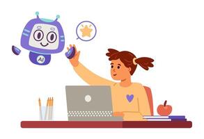 Artificial intelligence in school education concept flat illustration isolated on white. Girl giving high five to AI robot character while studing. vector