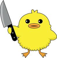 Chick with knife in hand, funny illustration, duckling with knife in wing, funny, yellow vector