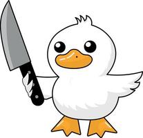 Chick with knife in hand, funny illustration, duckling with knife in wing, funny vector
