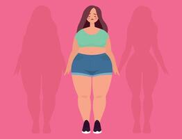 Fat woman, with shadow before and after, thin and fat shadow behind vector