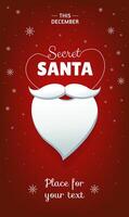 Secret Santa vertical banner design template with white beard and snowflakes on red background vector