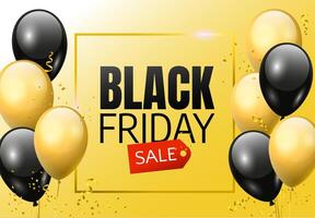 Black Friday sale banner design with black and yellow balloons and confetti on yellow background vector