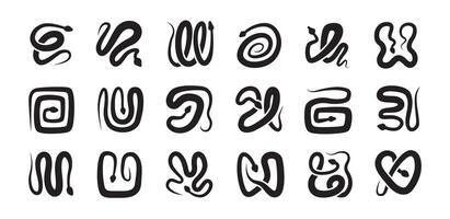 Set of snake silhouettes isolated on white background. Square tiles with snakes in different poses. Modern reptile illustration vector