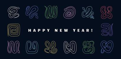 New Year greeting card or banner minimalist style design. Outline neon snakes frame in contemporary geometrical shapes and various poses illustration vector