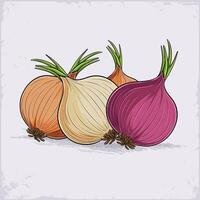 Hand drawn set of red, white, sweet and yellow onion with green leaves isolated on white background vector