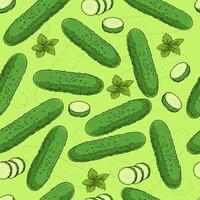 Hand drawn seamless pattern of fresh healthy full and sliced green cucumber and green leaves vector