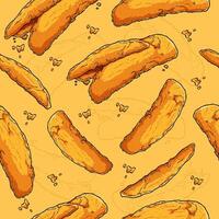 Hand drawn seamless pattern of unhealthy but delicious golden breaded crunchy chicken nuggets vector