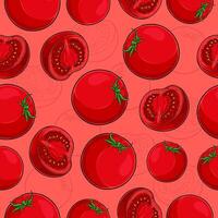 Hand drawn seamless pattern of full and half sliced fresh healthy red tomatoes with green leaf vector