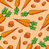 Hand drawn seamless pattern of full and sliced healthy orange carrots with green leaves on top vector