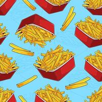 Hand drawn seamless pattern of Hand drawn red boxes full with yellow French fries on blue background vector
