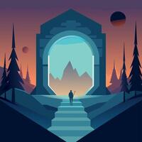Magic arch. Ancient stone gate. Fantasy teleport door. Wizard doorway. Mysterious castle gateway entrance. Portal frame vector