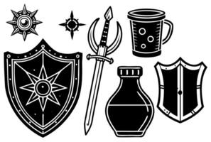 Sword icon, knight shield set. Warrior weapon and armor. Black medieval symbol. History ancient crusader or viking fantasy object vector