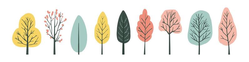 Set of tree and leaf collection hand drawn flat design element. botanical set of bare trees and ones with leaves vector