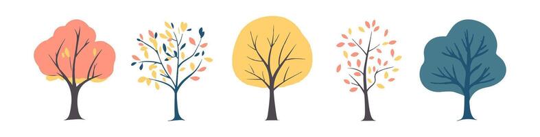 Set of tree and leaf hand drawn flat style design element. botanical set of bare trees and ones with leaves and lush green vector