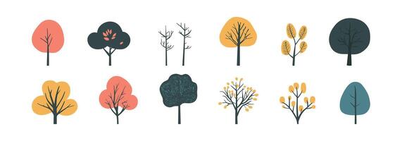 Set of tree and leaf collection hand drawn flat design element. botanical set of bare trees and ones with green leaves vector