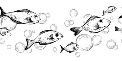 Blue water bubbles of different sizes with fish in a chaotic order. Graphic linear drawing, hand drawn in black and white monochrome. nautical. Seamless border pattern vector