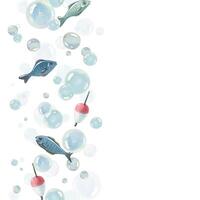 Blue water bubbles of different sizes with fish, float in a chaotic order. Watercolor hand-drawn illustration. Seamless border vertical, pattern, endlessly repeating ornament, on a white background vector