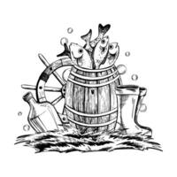 A wooden barrel with fish, with rubber boots, a steering wheel and a bottle of grass with water bubbles. Graphic linear drawing, hand drawn in black and white monochrome. nautical. Composition vector