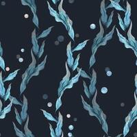 Sea blue algae with leaves wriggling in a wave with bubbles. Watercolor illustration of the underwater world hand drawn. Seamless pattern on a dark background for fabric, textile, prints, design. vector