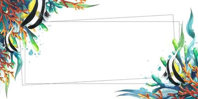 Horizontal frame with tropical fish, sea corals, algae, paint splashes. Watercolor illustration. Banner from a large set of TROPICAL FISH. For registration and design of invitations, beach banners vector