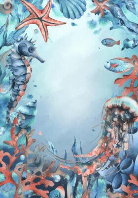 Sea animals, seahorse, jellyfish, seaweed, coral, sponge, starfish, shells, fish and bubbles. Hand drawn watercolor illustration of underwater world. Vertical rectangular frame template, postcard