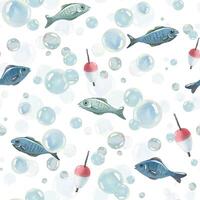 Blue water bubbles of different sizes with fish in a chaotic order, float. Watercolor hand-drawn illustration. Seamless pattern, endlessly repeating ornament, on a white background vector