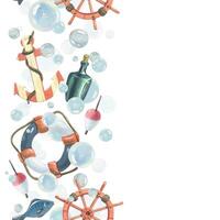 Anchor, ship s wheel, lifebuoy, float fishing float with fish and bubbles. Watercolor hand-drawn illustration. Seamless border vertical, pattern, endlessly repeating ornament, on a white background vector