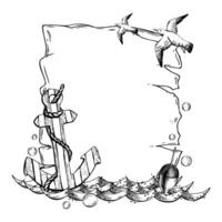 Wooden striped anchor with rope on sea waves with fishing float, bubbles and flying seagulls. Graphic linear drawing, hand drawn in black and white monochrome. nautical. Template frame vector