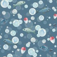 Blue water bubbles of different sizes with fish in a chaotic order, float. Watercolor hand-drawn illustration. Seamless pattern, endlessly repeating ornament, on a white background vector