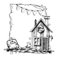 A wooden, striped booth for a fisherman on the grass with a rescue circle, a seagull, a garland of flags. Graphic linear drawing, hand drawn in black and white monochrome. nautical. Template frame vector