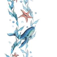 Whale, sea blue algae with leaves wriggling in wave with bubbles and coral starfish. Hand drawn watercolor illustration of underwater world. Seamless vertical border pattern for long projects design vector