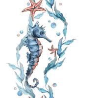 Seahorse, sea blue algae with leaves wriggling in wave with bubbles and coral starfish. Hand drawn watercolor illustration of underwater world. Seamless vertical border pattern for long projects vector