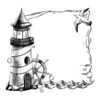 The sea lighthouse is striped with a steering wheel flying a seagull, waves and bubbles of water. Graphic linear drawing, hand drawn in black and white monochrome. nautical. Template frame vector