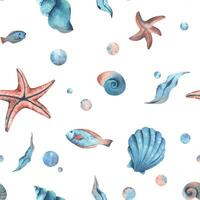 Seashells, starfish, seaweed, fish and bubbles. Watercolor illustration of underwater world hand drawn Seamless pattern on white background for fabric, textile, prints, design and decoration. vector