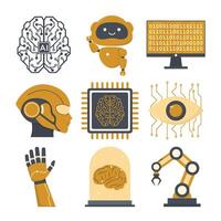 Artificial intelligence and machine learning flat icons set. illustration. vector