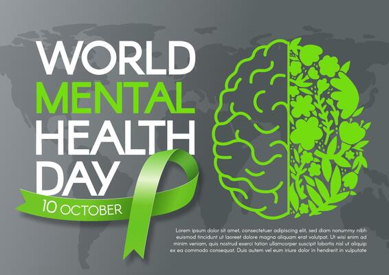 Mental Health Day. Horizontal poster with green ribbon, brain half made of flowers, and text. flat illustration.