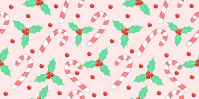 seamless pattern with christmas candy, leaves and plums vector