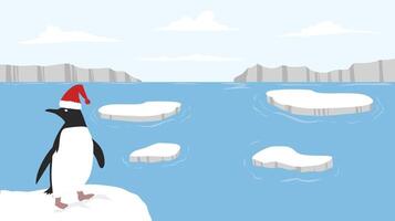 winter background with a penguin standing on an ice floe and some other ice floe on the water vector