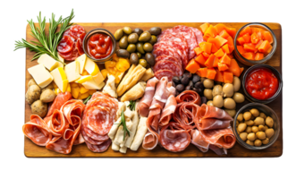 Delicious Antipasto Board with Assorted Meats and Snacks isolated on transparent background png