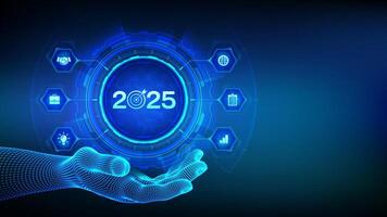 2025 New year Goals and plans icon in wireframe hand. Business plan and strategies. Goal acheiveement and success in 2025. Resolutions, plan, action, checklist concept. vector