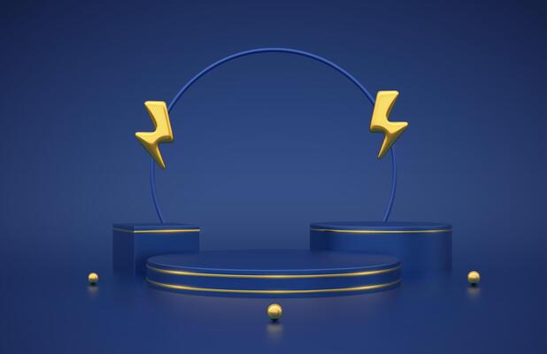 Stage podium with gold lightning bolt icon. Flash sale. Mega sale special offer. Discount shopping. Sale promotion. Blue round cube product podium, pedestal. Advertising template.