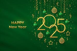 Happy New Year 2025. Hanging Golden metallic numbers 2025 with shining 3D metallic stars, balls and confetti on green background. New Year greeting card, banner template. vector