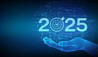 2025 New year Goals and plans. Numbers 2025 made with currency symbols in wireframe hand. New 2025 financial year. Business plan and strategies. Background with currency signs. vector