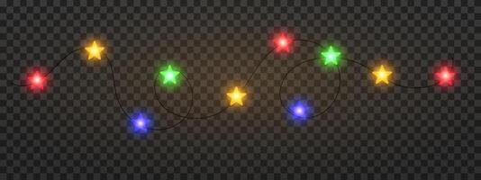 Garland of colorful star shaped Christmas lights hanging on a dark background, festive atmosphere. A string glowing fairy lights on a transparent background. Decorative, warm lighting vector