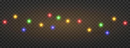 Garland of colorful star shaped Christmas lights hanging on a dark background, festive atmosphere. A string glowing fairy lights on a transparent background. Decorative, warm lighting vector