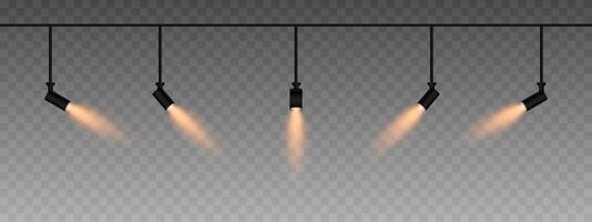 Row of adjustable spotlights emitting a soft gold glow. Angled lights create a focused beam effect, adding ambiance to a dark background. Modern interior designs, exhibitions, and stage lighting vector