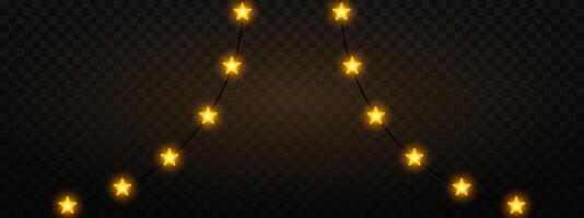 Garland of yellow gold star shaped Christmas lights hanging on a dark background, festive atmosphere. A string glowing fairy lights on a transparent background. Decorative, warm lighting vector